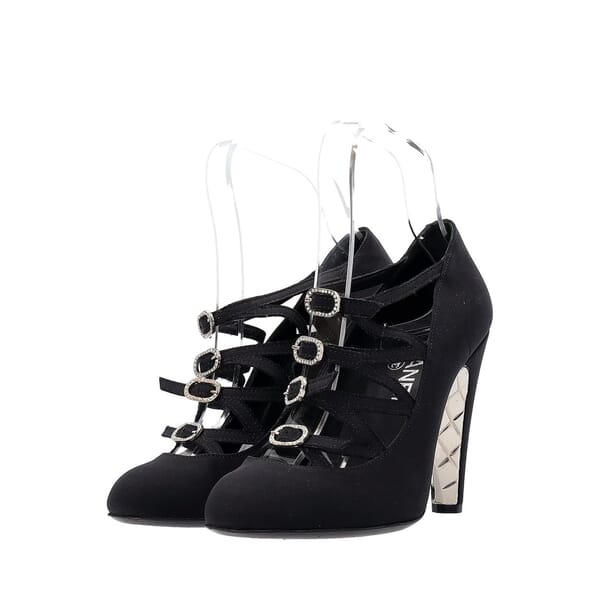 Satin Buckle Cage Pumps Black