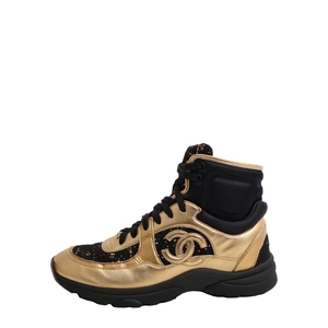 Leather/Tweed CC High Top Sneakers Gold/Black, view 3