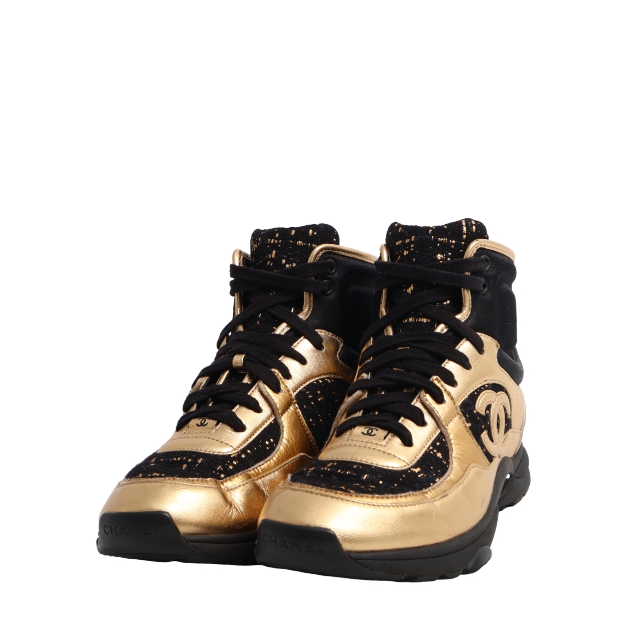 Leather/Tweed CC High Top Sneakers Gold/Black