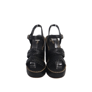Quilted/Braided Leather Wedge Sandals Black, view 3
