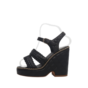 Quilted/Braided Leather Wedge Sandals Black, view 2