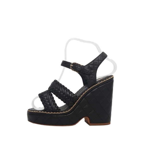 Quilted/Braided Leather Wedge Sandals Black