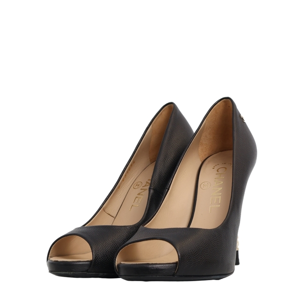 Leather Peep Toe Pumps Black