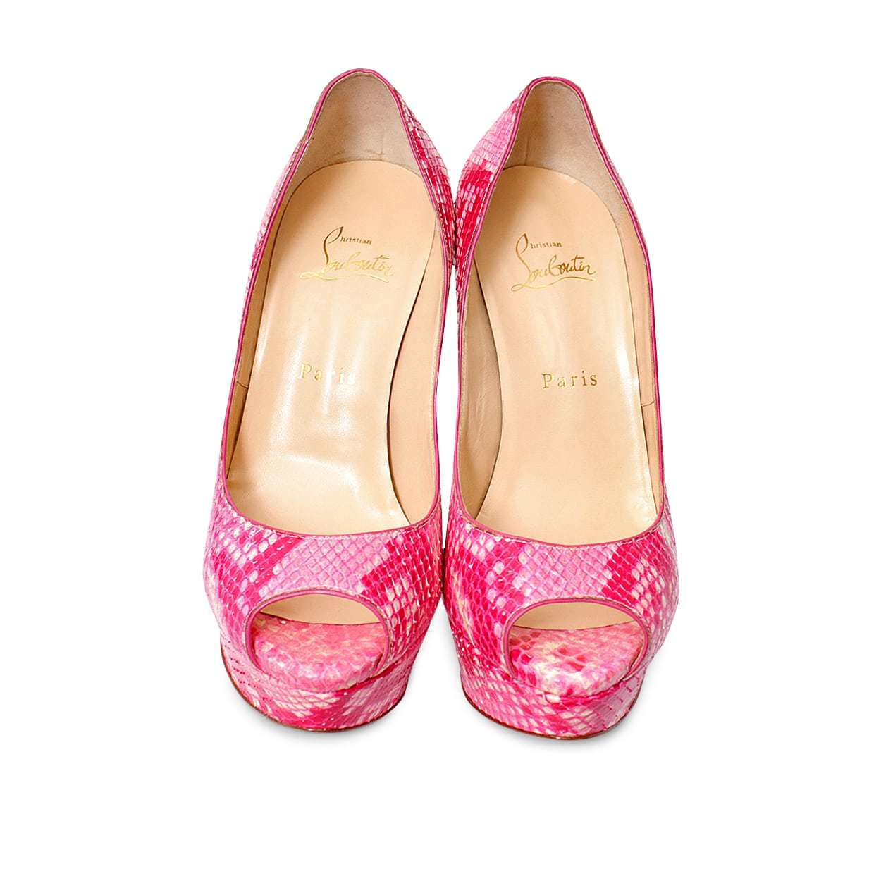 未使用Christian Louboutinビビットピンクオープントゥハイヒール 中古