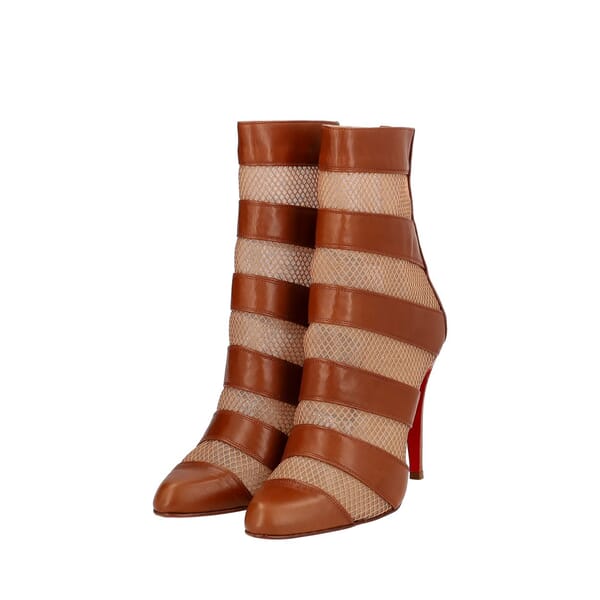Leather Striped Mesh Ankle Boots Brown