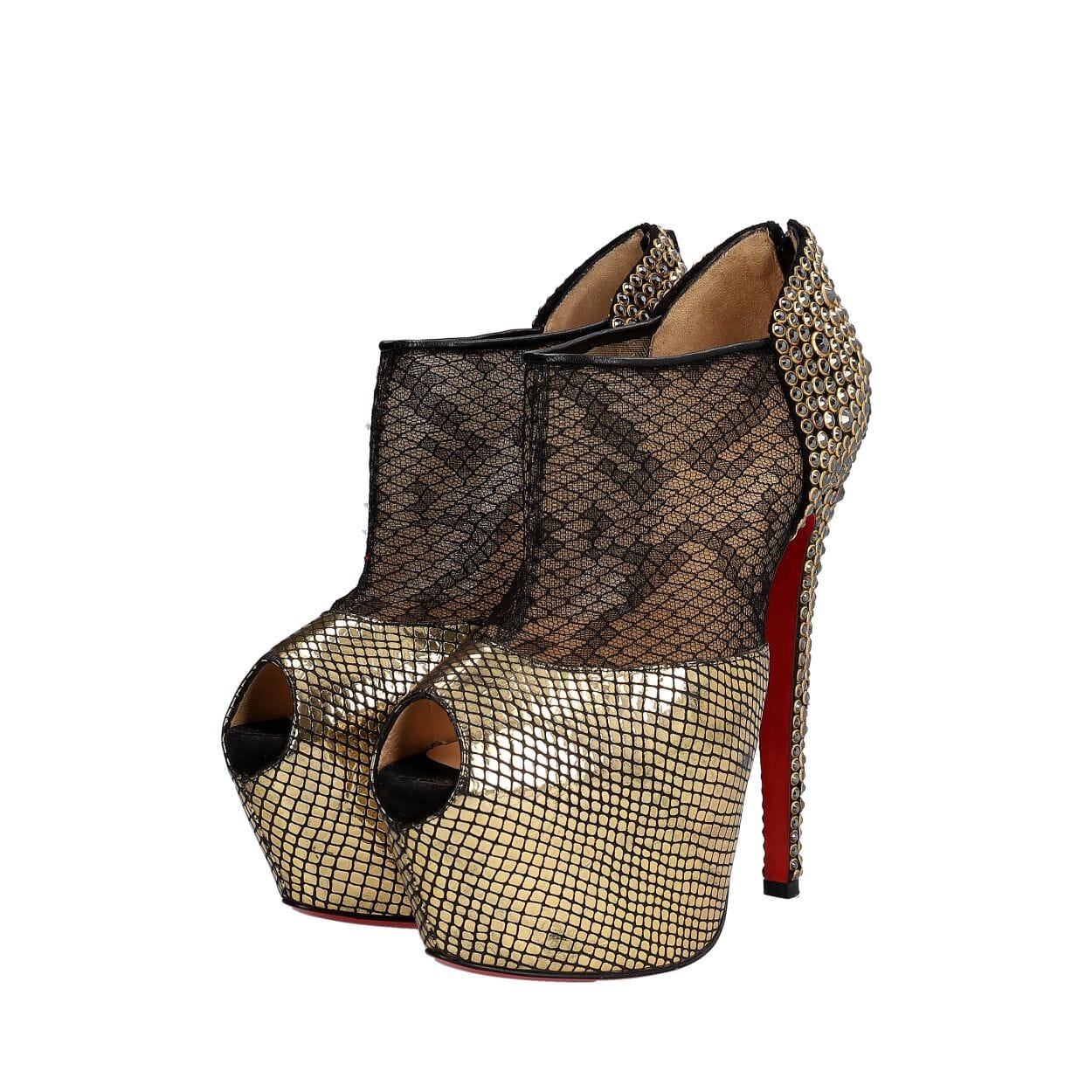 CHRISTIAN LOUBOUTIN Lace/Snakeskin Crystal Aeronotoc Booties Gold