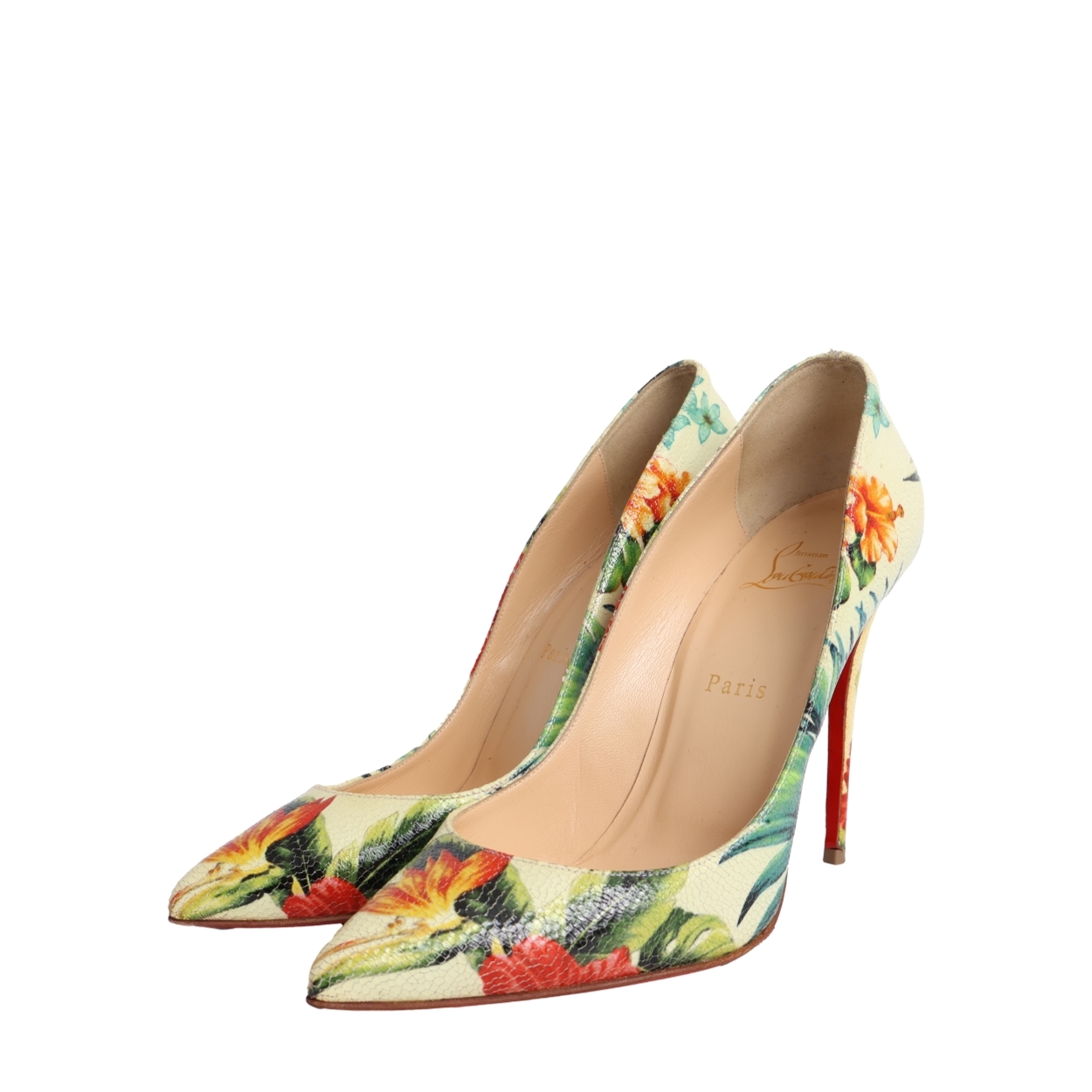 CHRISTIAN LOUBOUTIN Crackled Leather So Kate Hawaii Pumps Floral