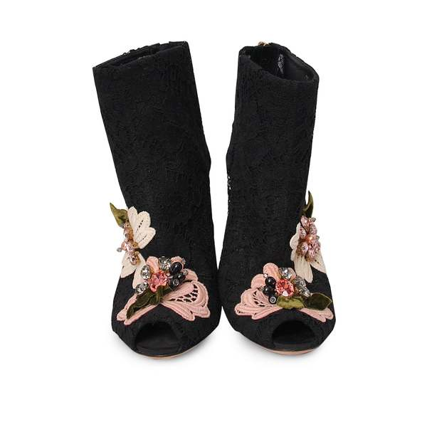 Lace Crystal Embellished Lace Ankle Boots Black