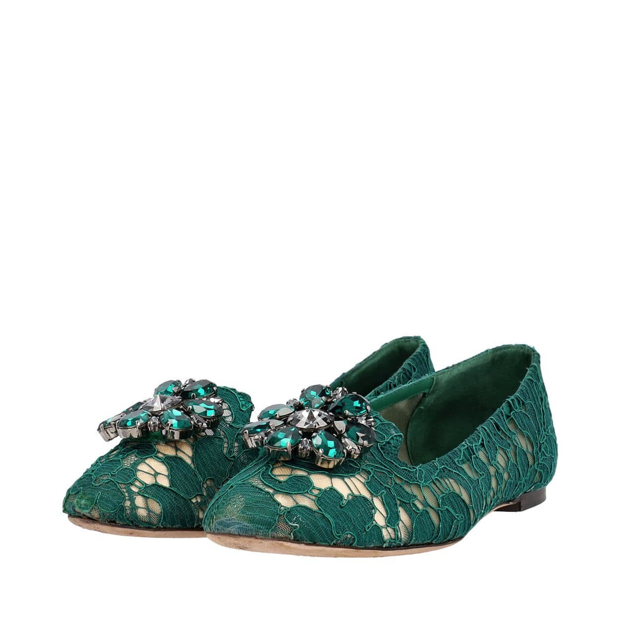 DOLCE & GABBANA Lace/Crystal Ballerina Flats Green | Luxity