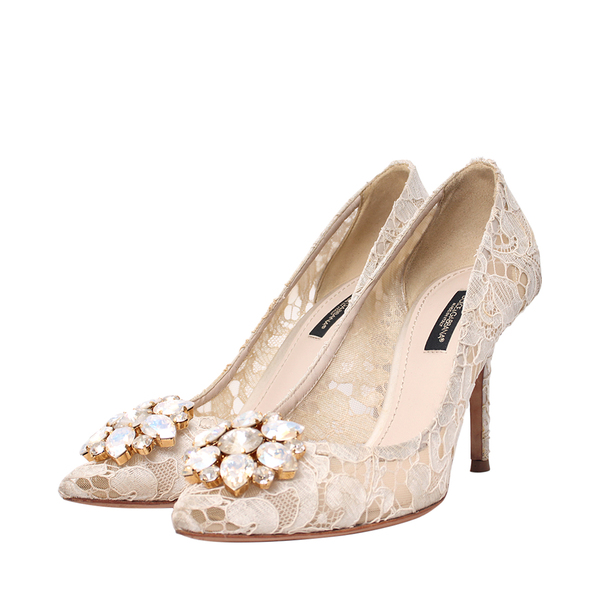 Taormina Lace Crystal Pumps Cream