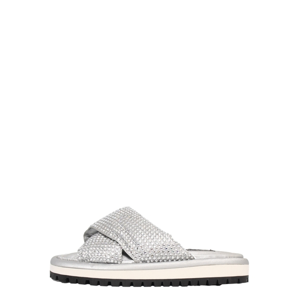 Satin Crystal Embellished Slides Silver