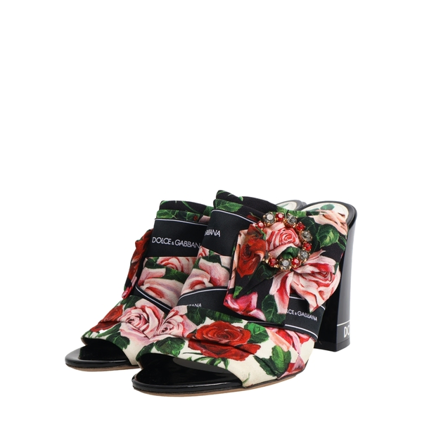 Fabric Crystal Embellished Block Heel Mules Floral