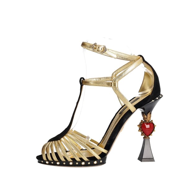 Leather/Suede Heart Heel Sandals Gold/Black