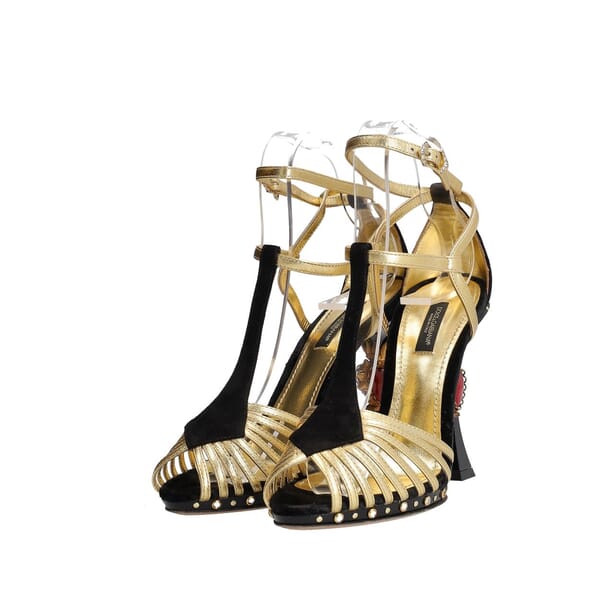 Leather/Suede Heart Heel Sandals Gold/Black
