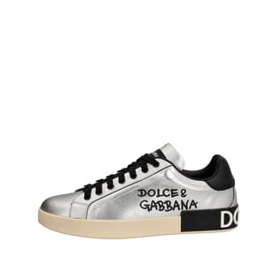 Metallic Leather Portofino Sneakers Silver, view 2
