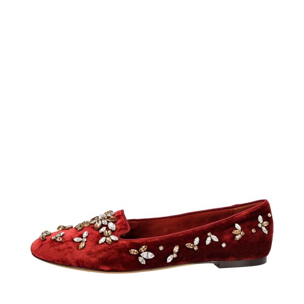 Velvet Embellished Loafers Red