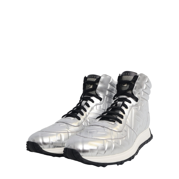 Metallic Leather FF High Top Sneakers Silver