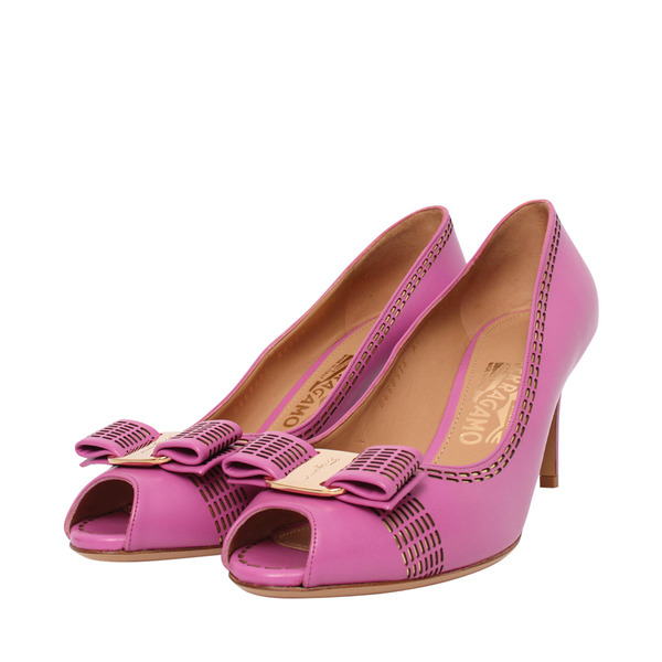 Leather Pola Stitch Bow Pumps Pink