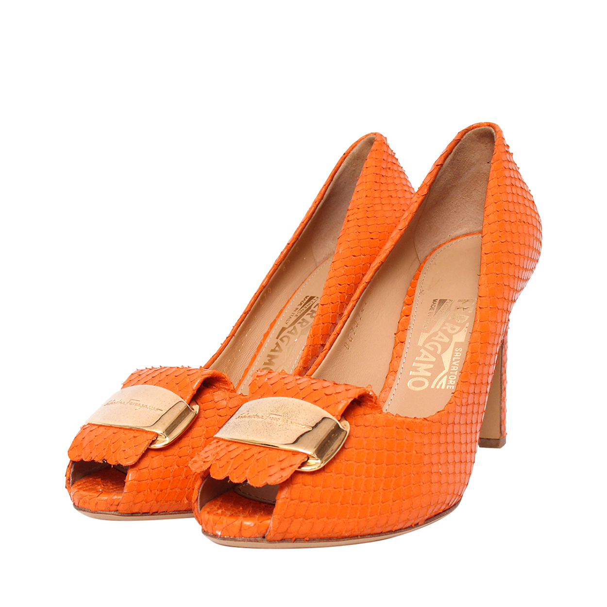 SALVATORE FERRAGAMO Snakeskin Gilda Pumps Orange | Luxity