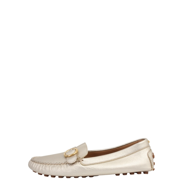 Metallic Leather Gancini Driver Loafers Champagne