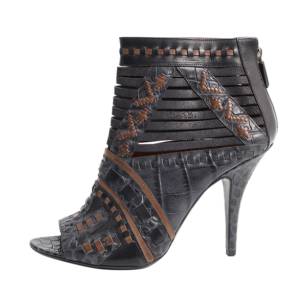 Mixed Material Woven Open Toe Ankle Boots Navy