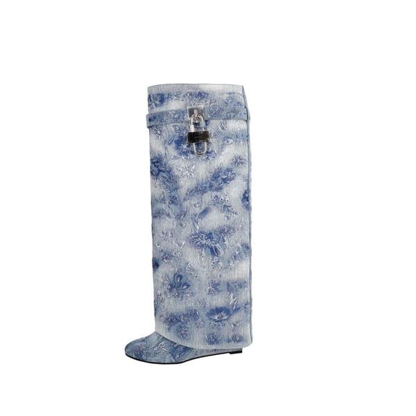 Denim Shark Lock Flower Embroidered Boots Blue/White