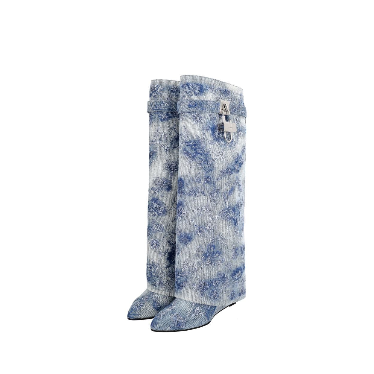 Denim Shark Lock Flower Embroidered Boots Blue/White