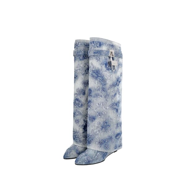 Denim Shark Lock Flower Embroidered Boots Blue/White