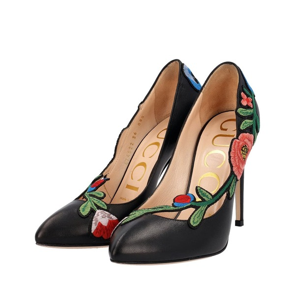 Leather Flora Embroidered Ophelia Pumps Black