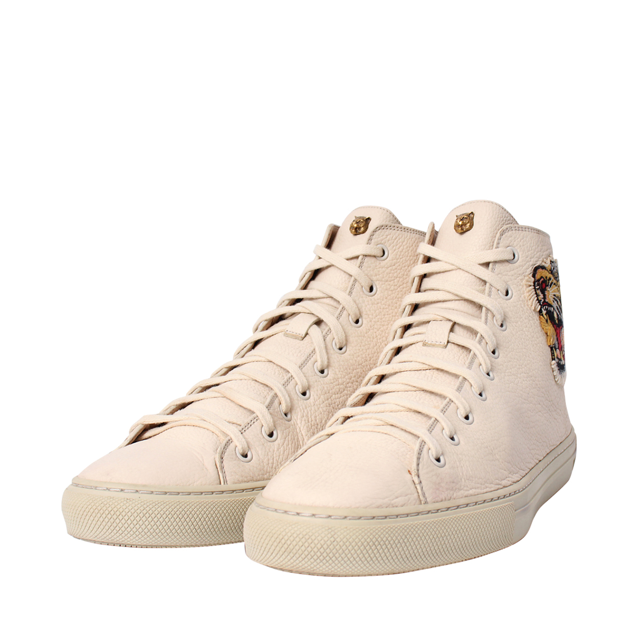 GUCCI Leather Tiger Patch High Top Sneakers Off White | Luxity