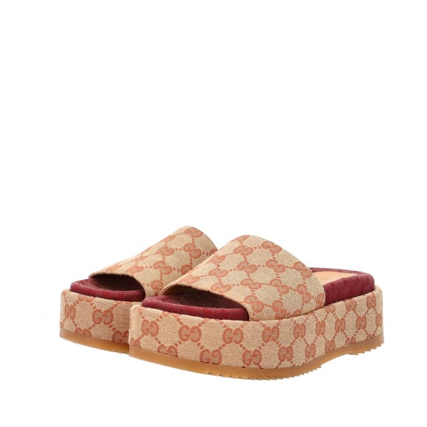 GUCCI Canvas GG Platform Slide Sandals Beige/Burgundy | Luxity
