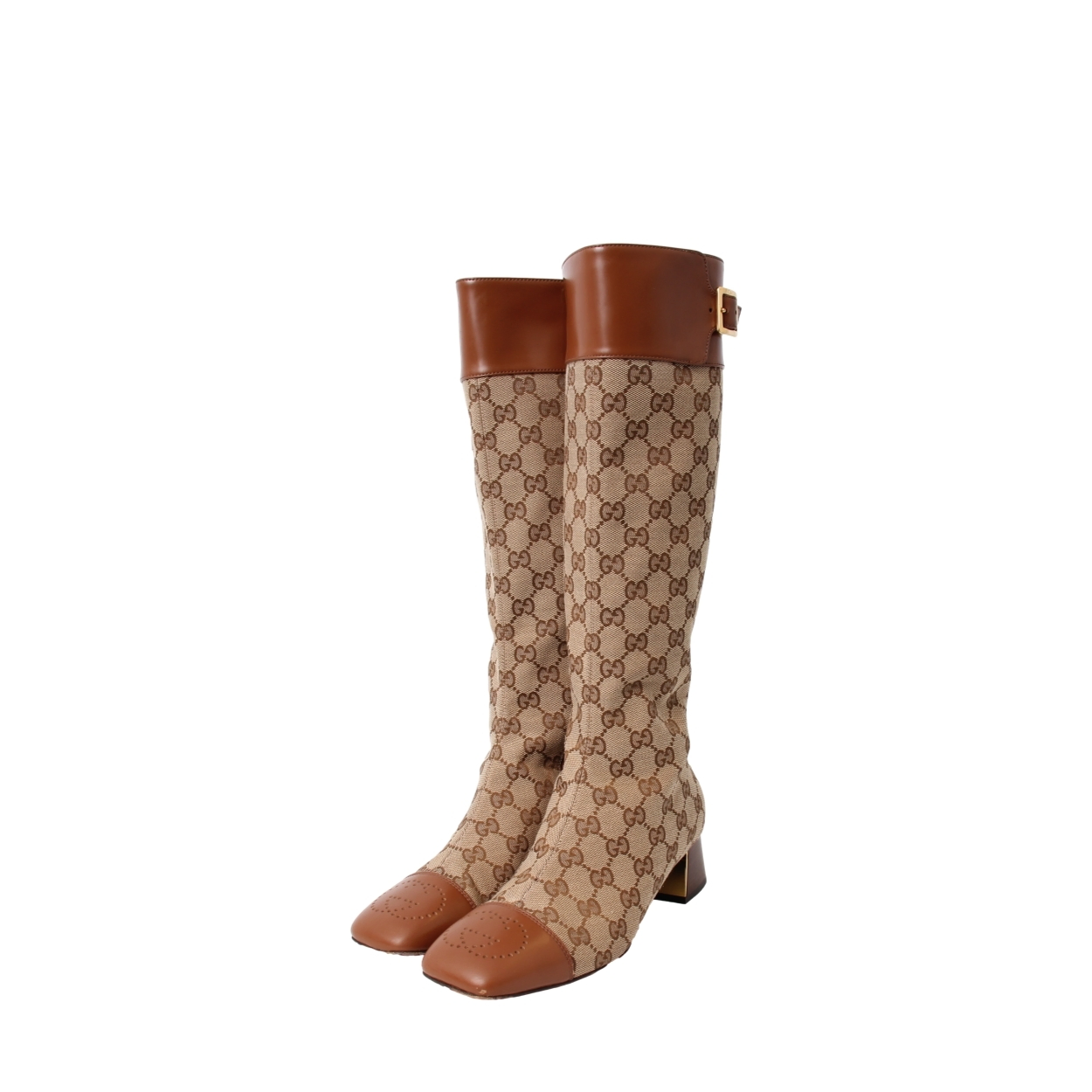 GUCCI Leather/Canvas GG Knee High Boots Brown | Luxity