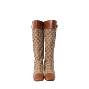 GUCCI Leather/Canvas GG Knee High Boots Brown | Luxity