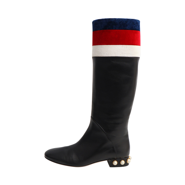Leather Sylvie Faux Pearl Knee High Boots Black