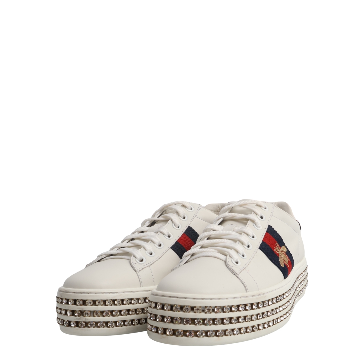 GUCCI Leather Ace Bee Crystal Platform Sneakers White | Luxity