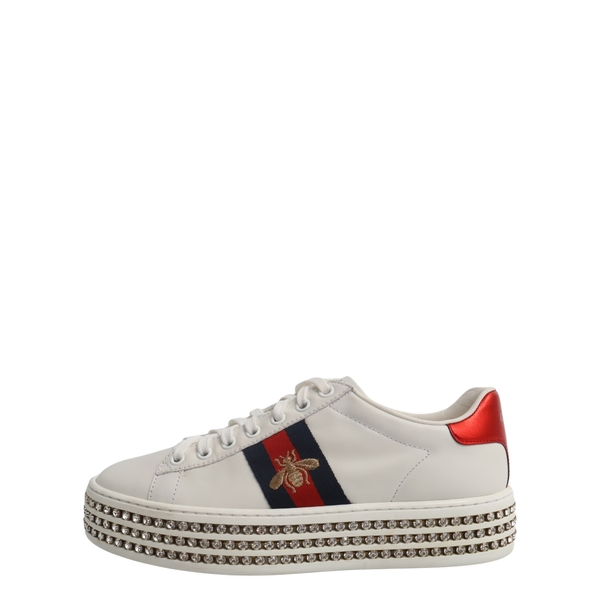 Leather Ace Bee Crystal Platform Sneakers White