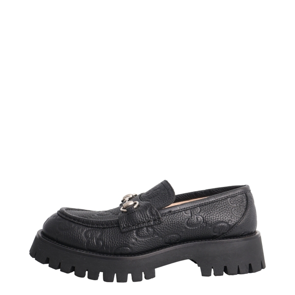 Embossed Leather Horsebit Lug Loafers Black
