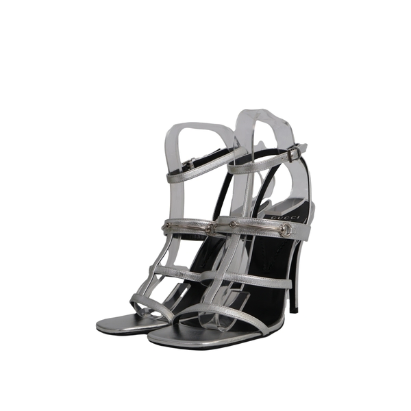 Metallic Leather Horsebit Sandals Silver