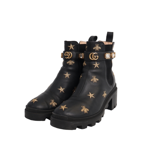 Leather Crystal Ankle Boots Black