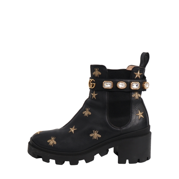 Leather Crystal Ankle Boots Black