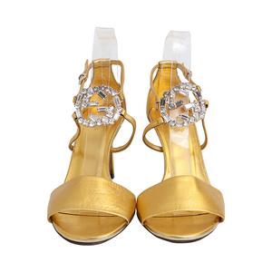 Leather Crystal Embellished GG Sandals Metallic Gold, view 3