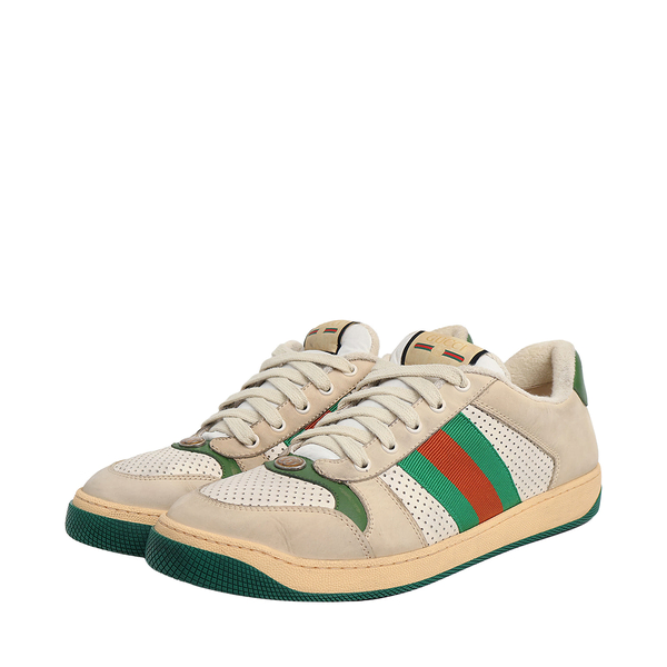 Mixed Material Distressed Screener Sneakers Ivory/Beige