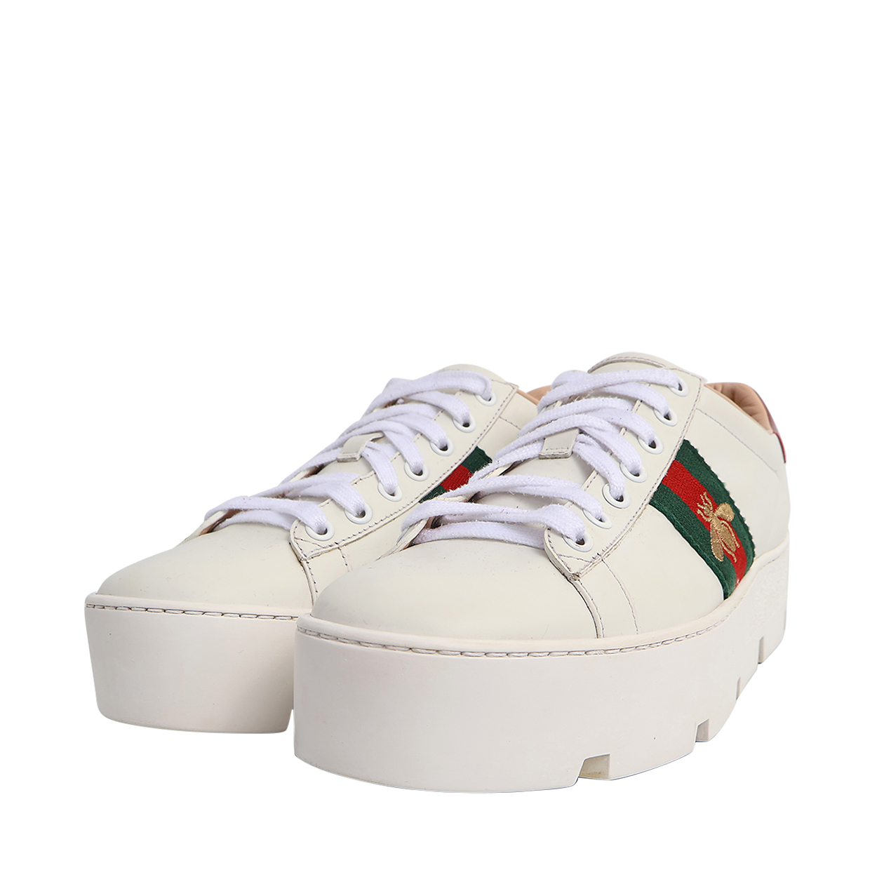 Leather Ace Bee Platform Sneakers White