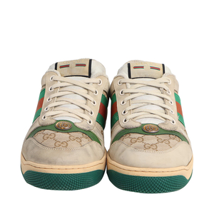 Leather/Canvas GG Distressed Screener Sneakers Beige, view 3