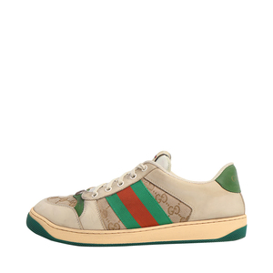 Leather/Canvas GG Distressed Screener Sneakers Beige, view 2