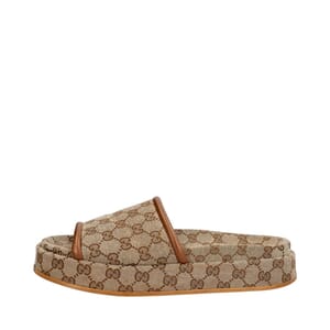 Leather/Canvas GG Platform Sandals Beige/Tan, view 2