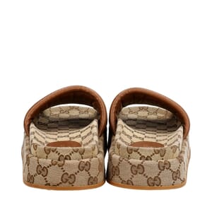 Leather/Canvas GG Platform Sandals Beige/Tan, view 5