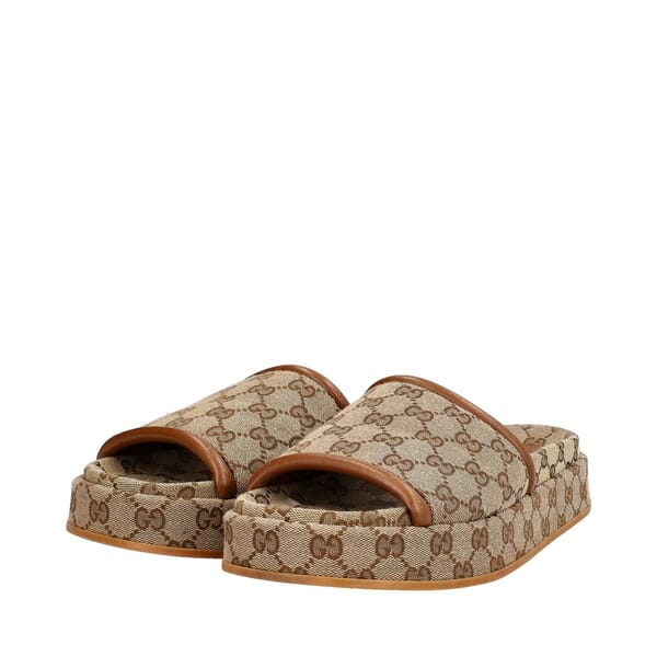 Leather/Canvas GG Platform Sandals Beige/Tan