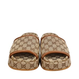 Leather/Canvas GG Platform Sandals Beige/Tan, view 3