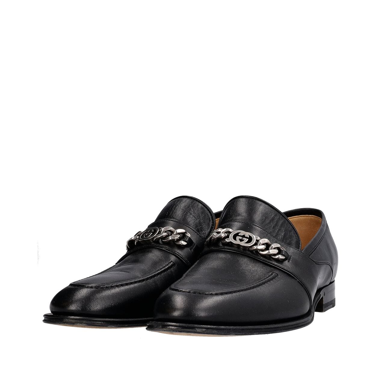 Leather Logo Chain Loafers Black